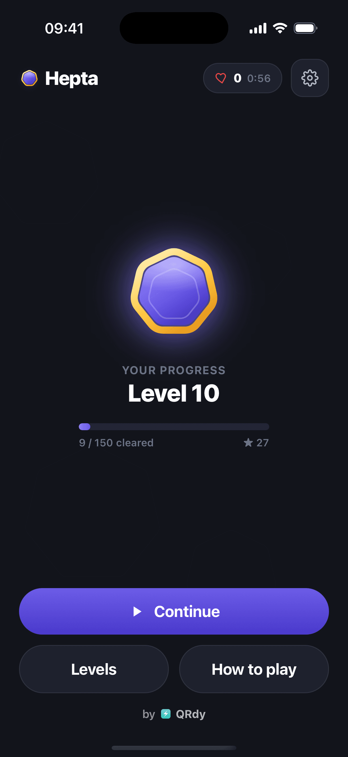Hepta home screen showing the gold gem logo, hearts, your level progress and a Continue button