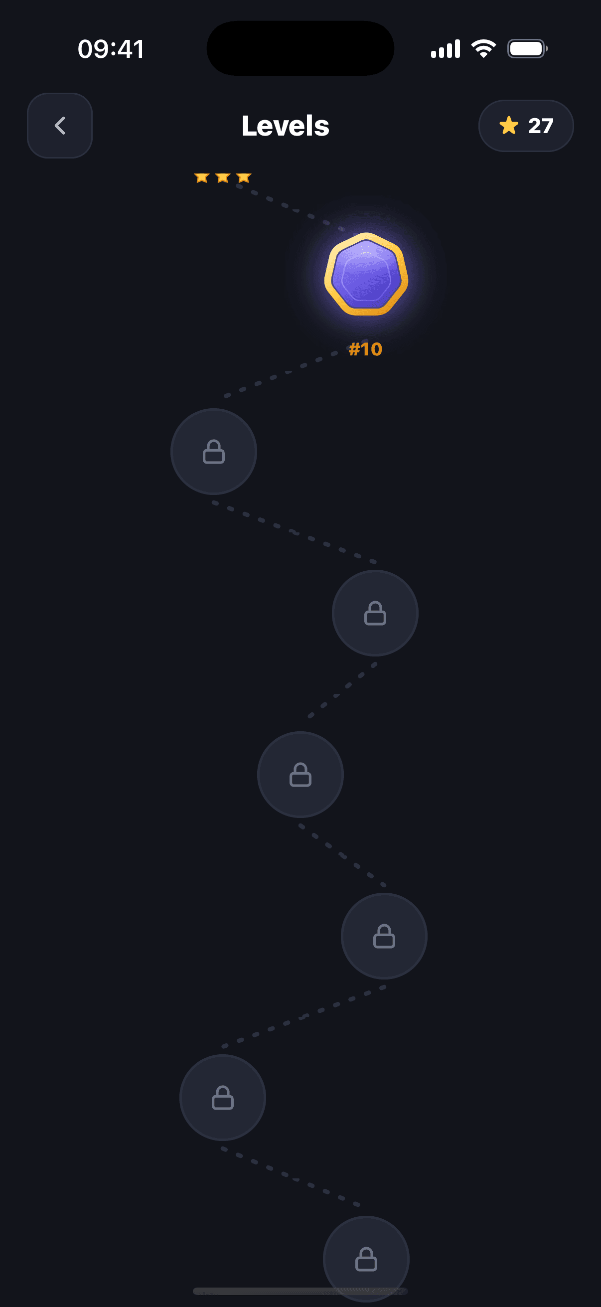 Hepta's level map: a zig-zag path of locked and cleared levels with the stars you've earned