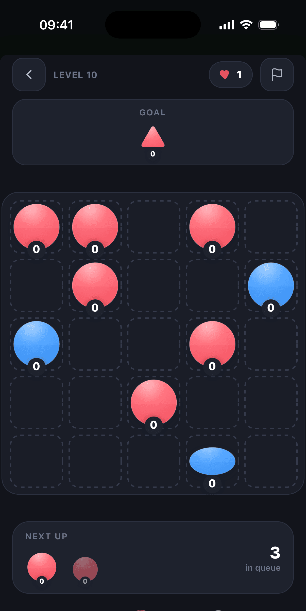 A Hepta level in progress: a goal piece, the board of candy blocks, hearts and the next-up queue