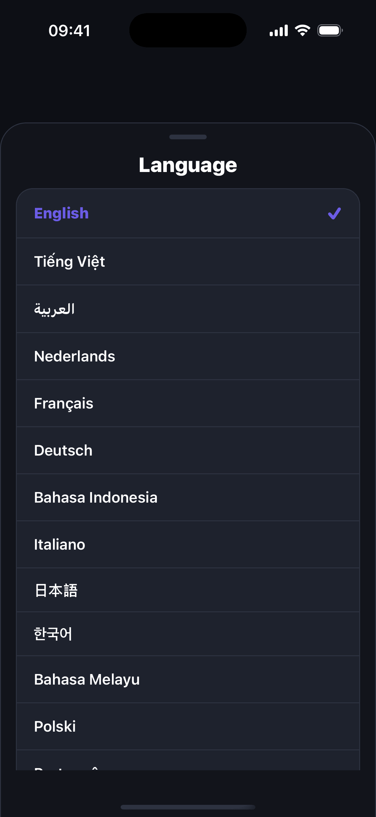 Hepta's language picker listing English, Tiếng Việt, العربية and more
